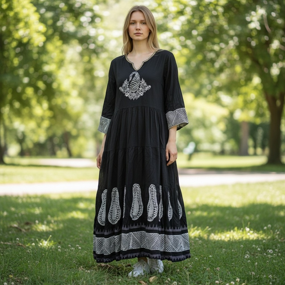 Krrish Womens Black Embroidered Sequin Tiered Maxi Dress XL Boho Block‎ Print